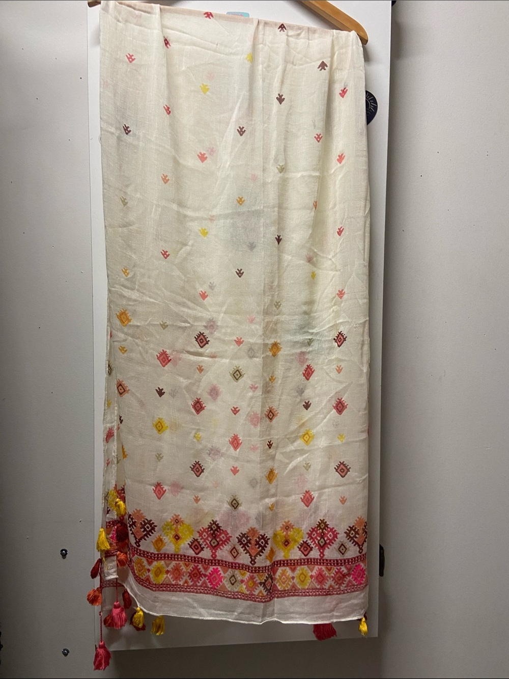 Embroidered Cream Scarf with Pink & Yellow Accents